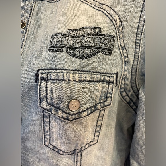 Women's Harley Davidson Distressed Studded Snapper Denim Shirt - Picture 8 of 8